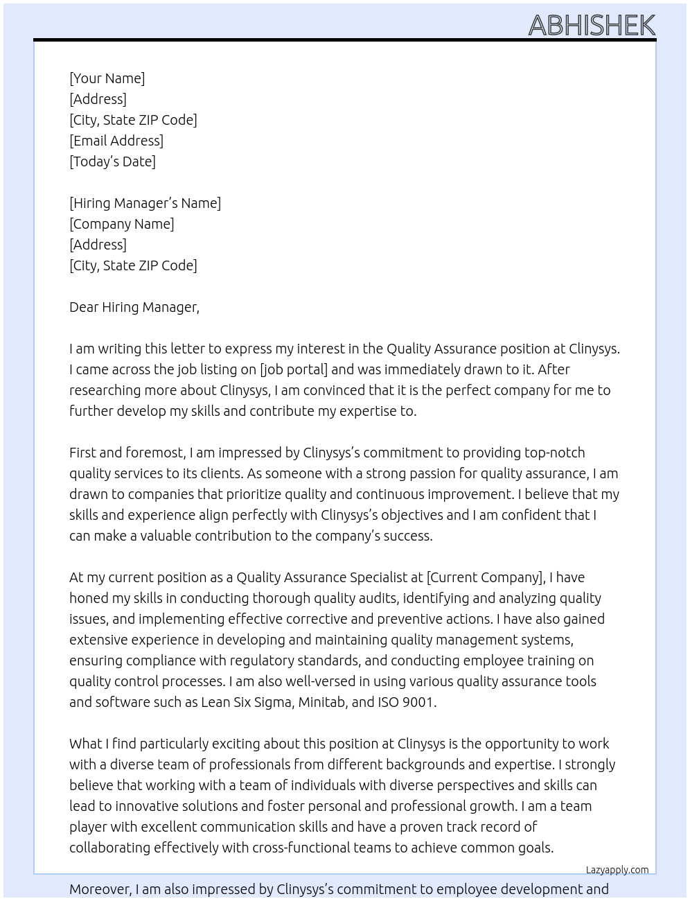 quality assurance At Clinysys Cover Letter