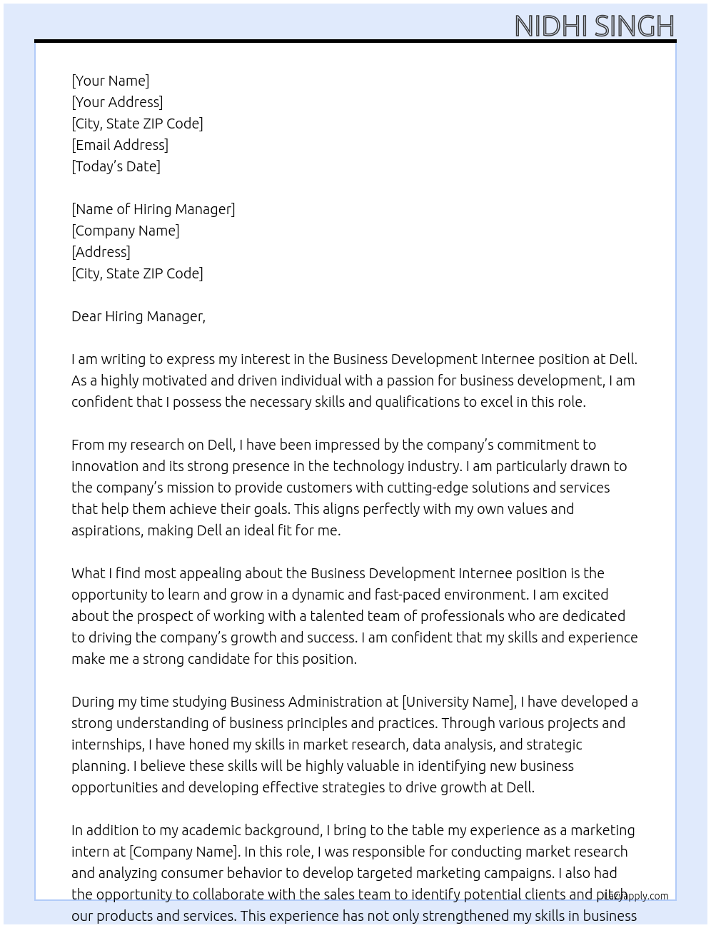 Business Development Internee At Dell Cover Letter