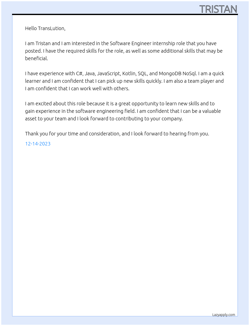 Software Engineer internship At TransLution Cover Letter