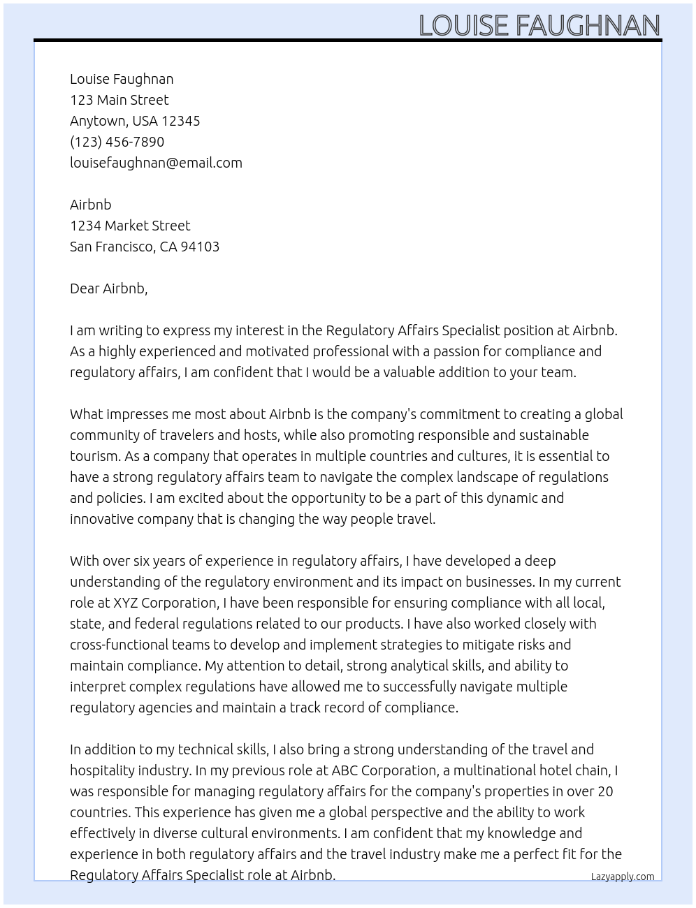 Regulatory Affairs Specialist At Airbnb Cover Letter