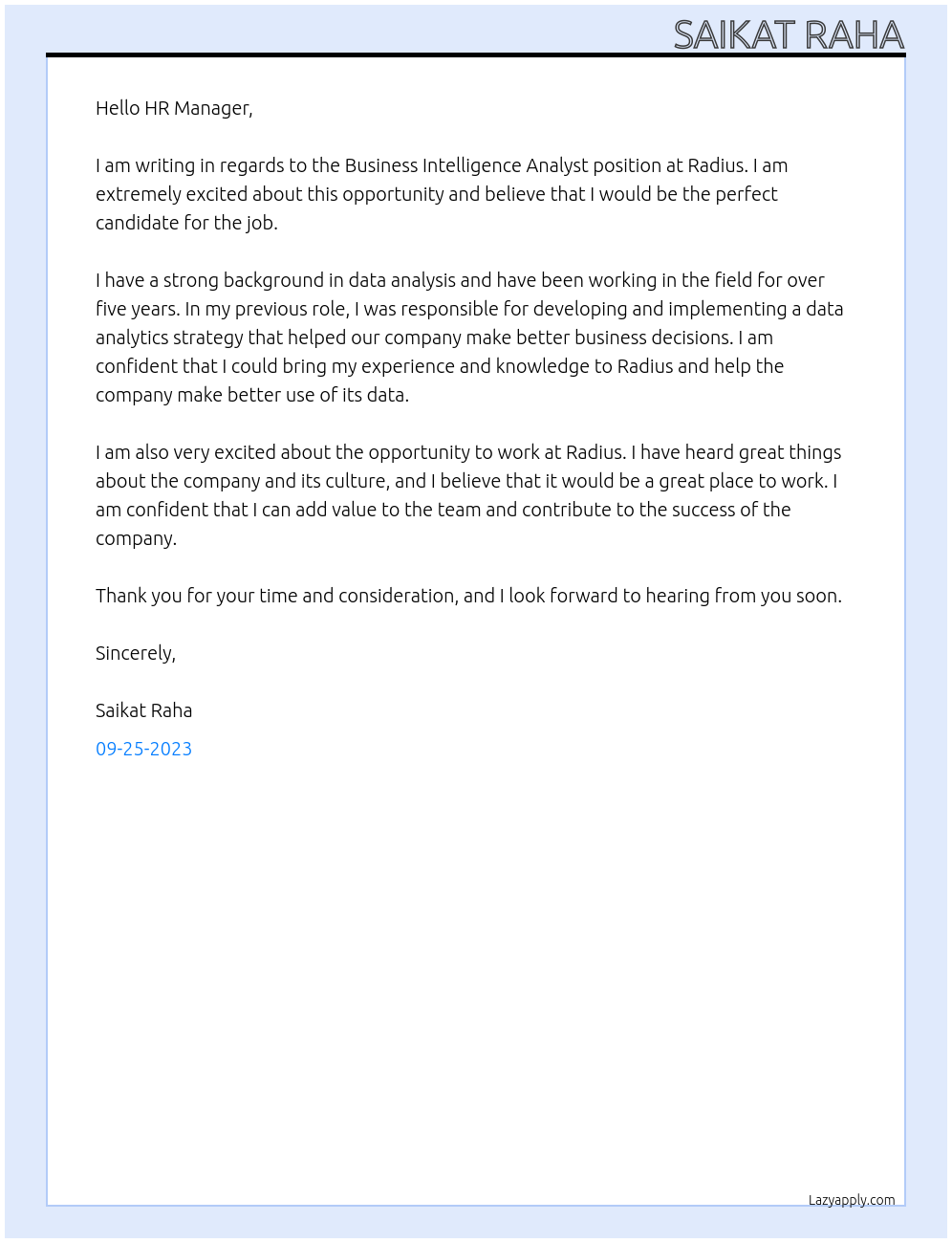 Business Intelligence Analyst At Radius Cover Letter