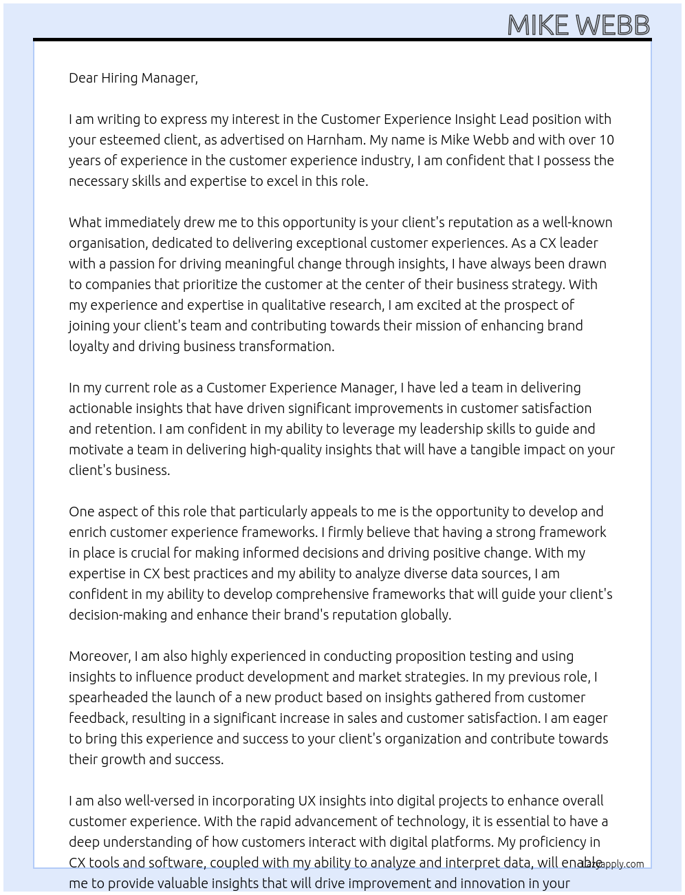 Customer Experience Insight Lead At your client Cover Letter