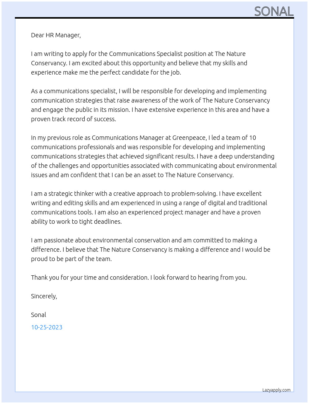 Communications Specialist At The Nature Conservancy Cover Letter