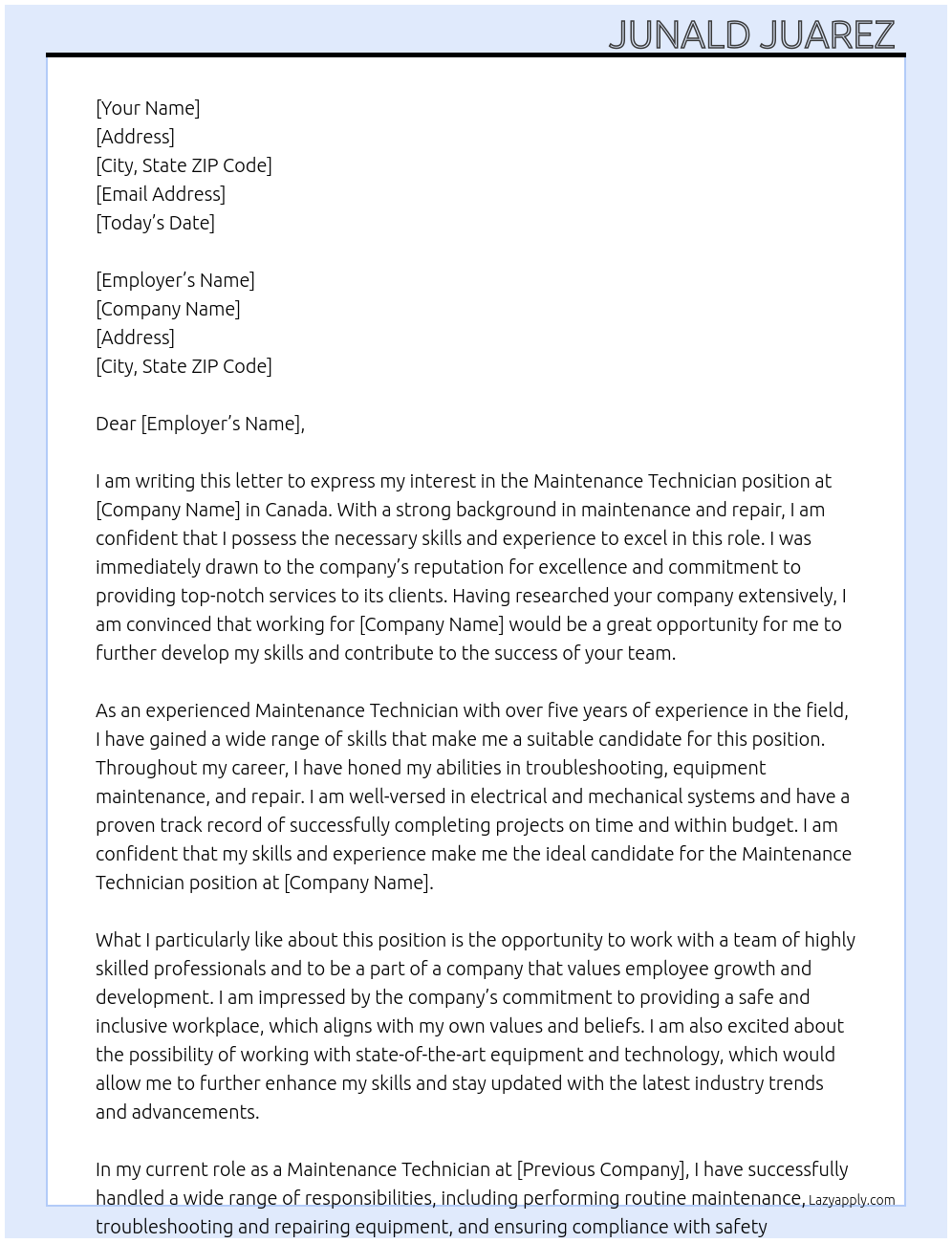 Maintenance Technician At Canada Cover Letter