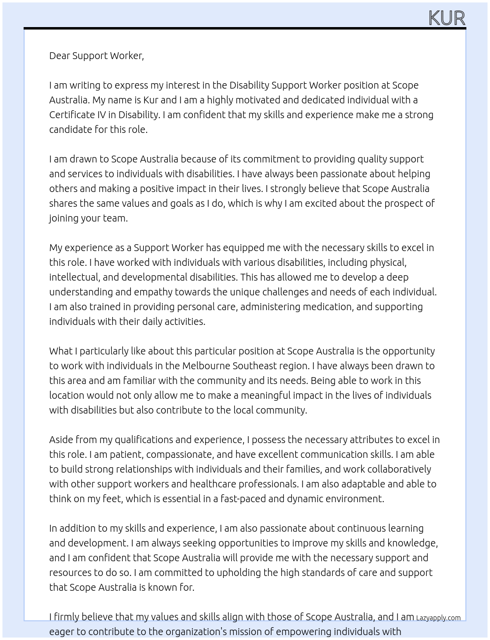 Disability Support Worker At Scope Australia Cover Letter