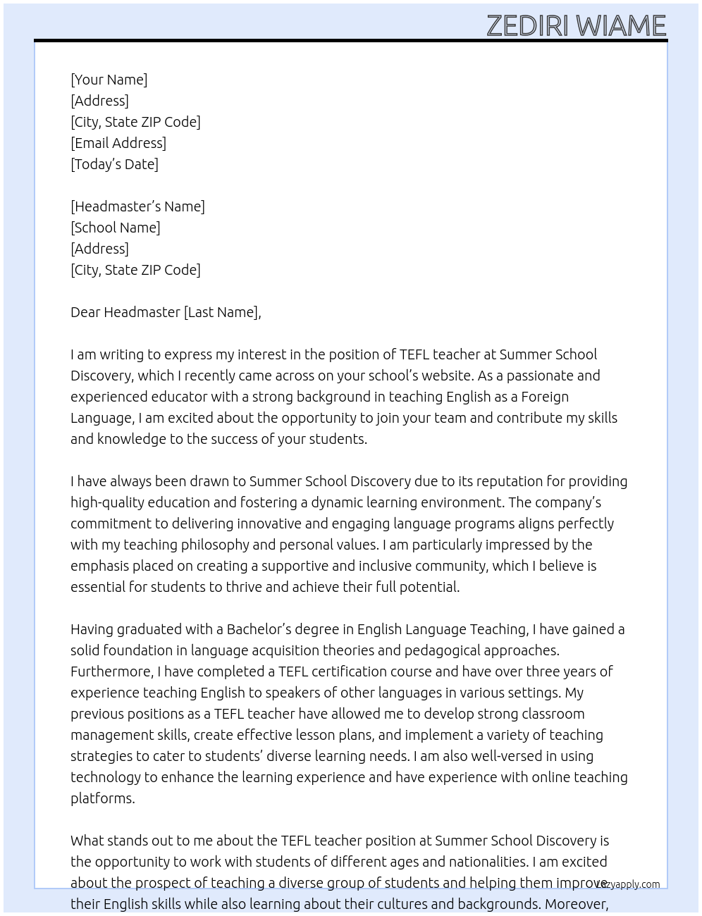 TEFL teacher At Summer School Discovery Cover Letter