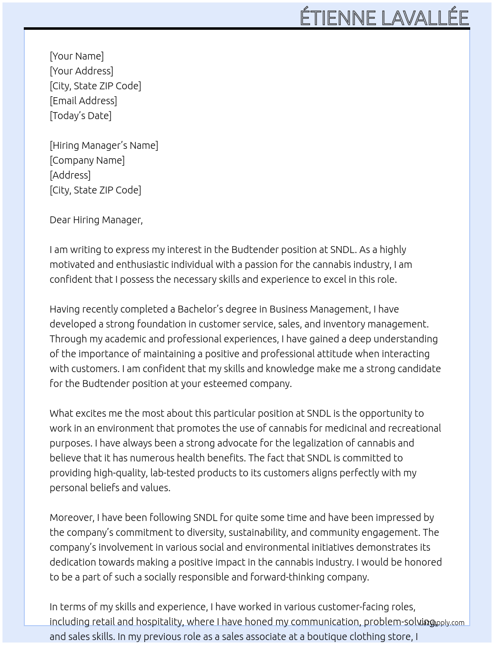 Budtender At SNDL Cover Letter