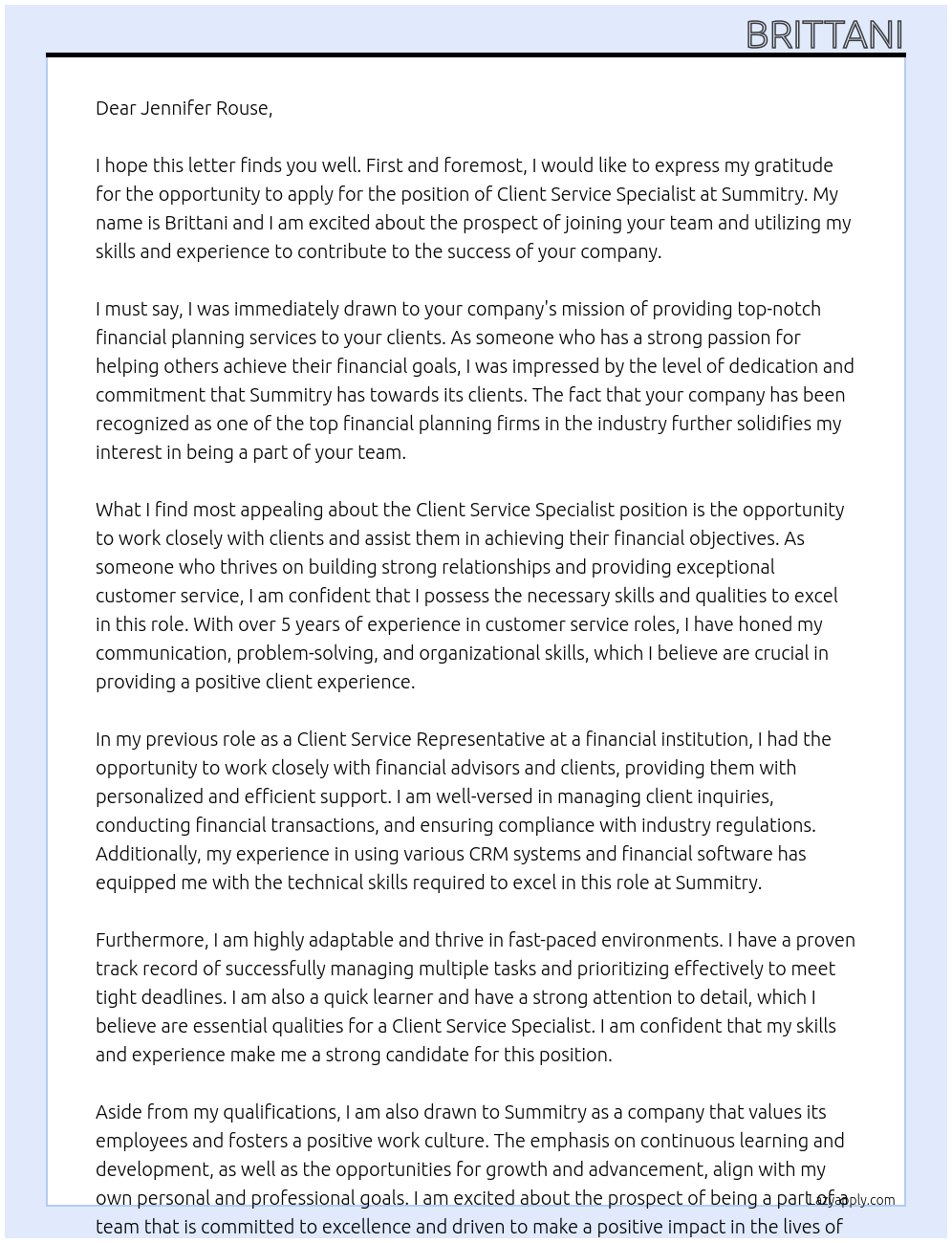 Client Service Specialist At Summitry Cover Letter