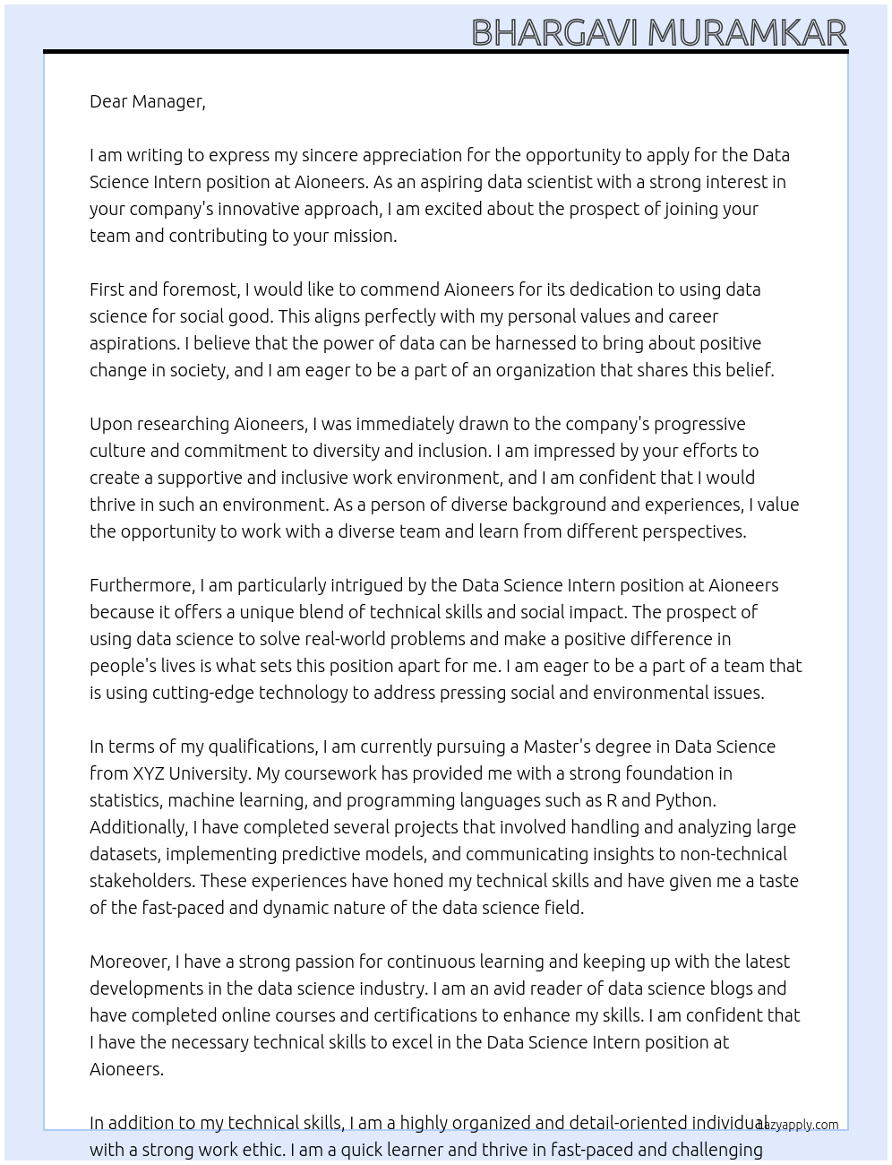 Data science Intern At aioneers Cover Letter