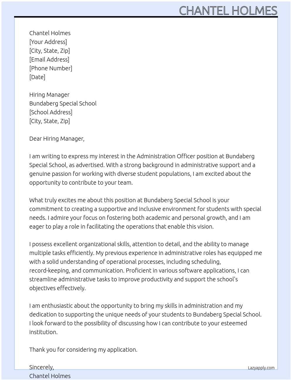 Administration Officer At Bundaberg Special School Cover Letter