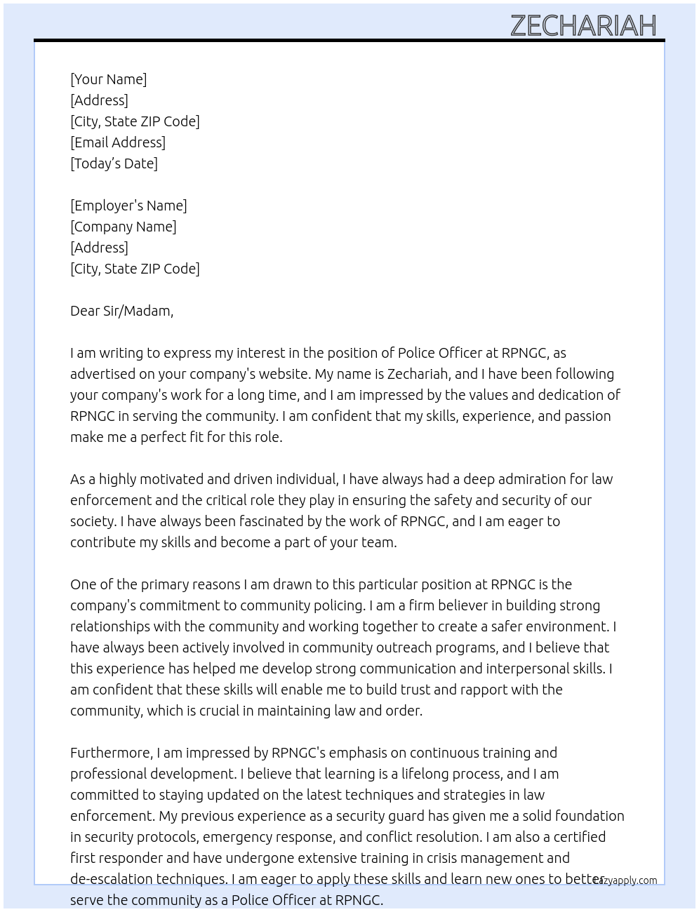 Police Officer At RPNGC Cover Letter