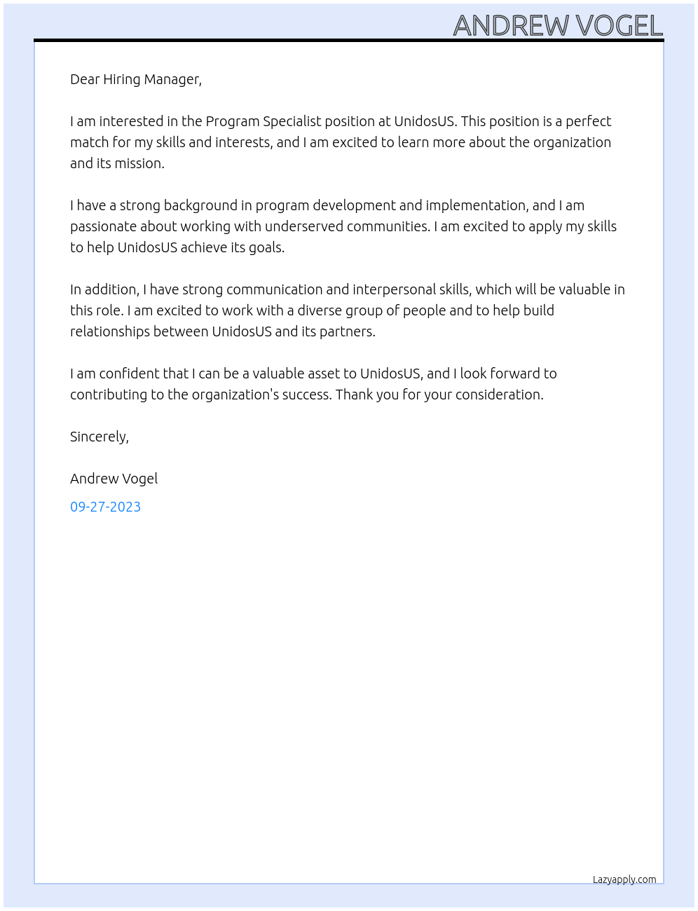 Program Specialist At UnidosUS Cover Letter