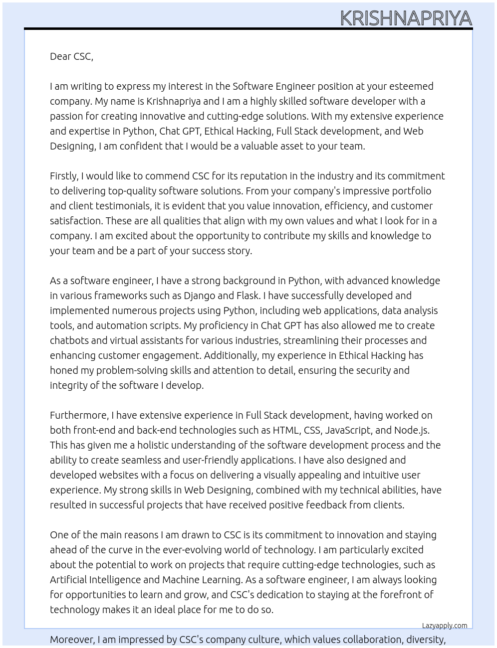 Software Engineer At CSC Cover Letter