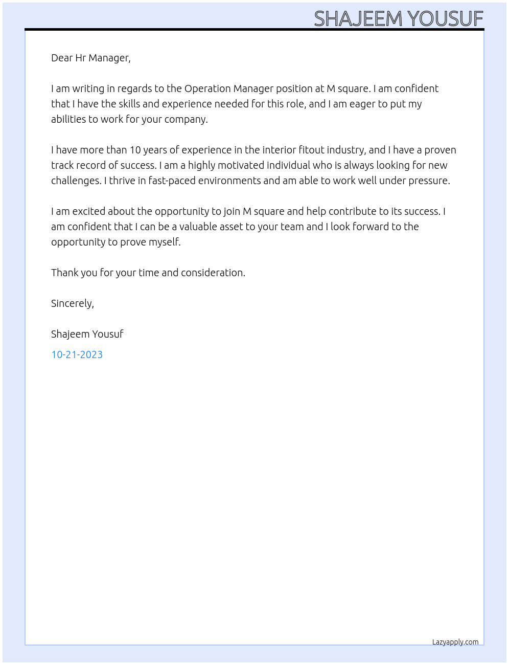 OPeration manager At M square Cover Letter