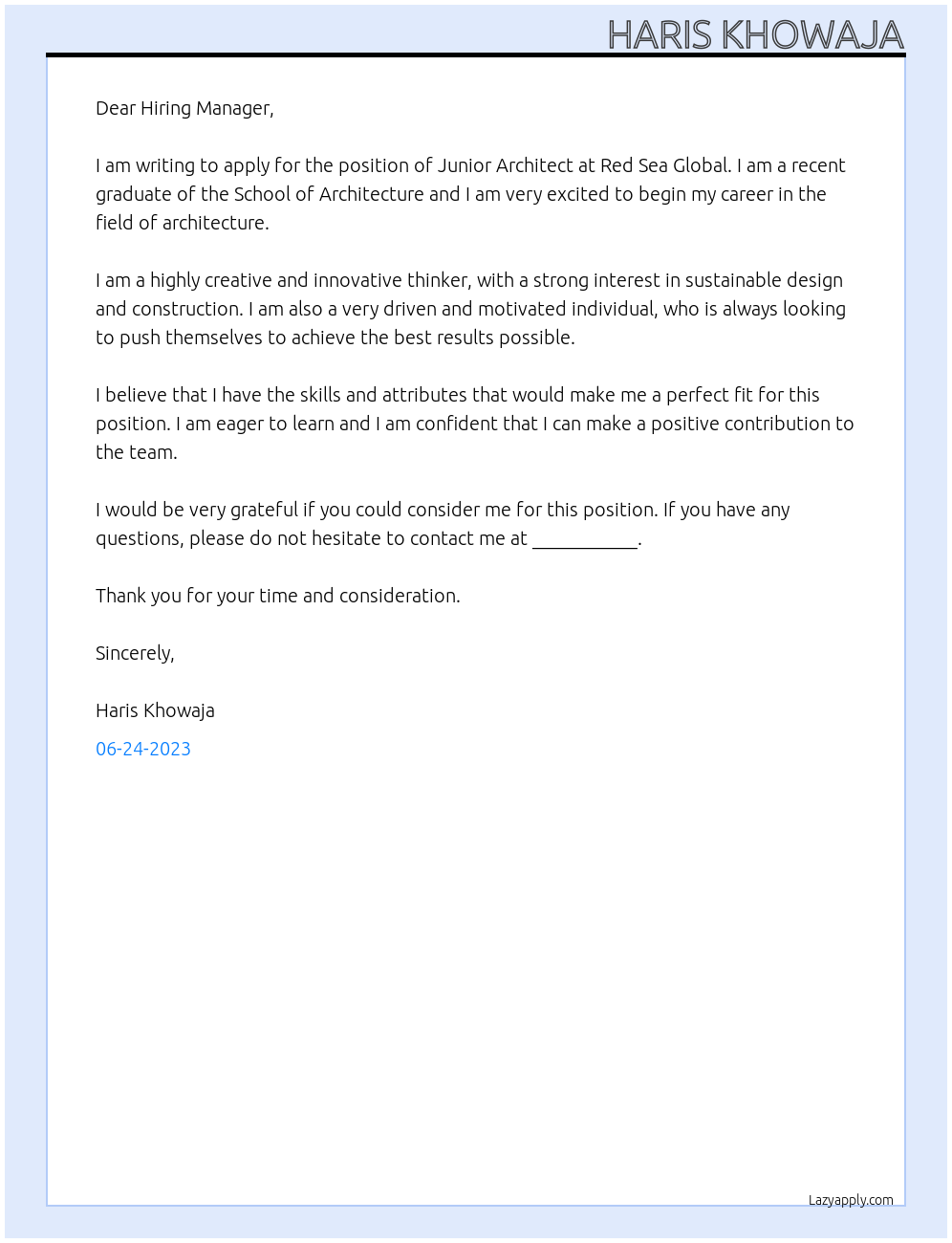 Junior Architect At Red sea global Cover Letter