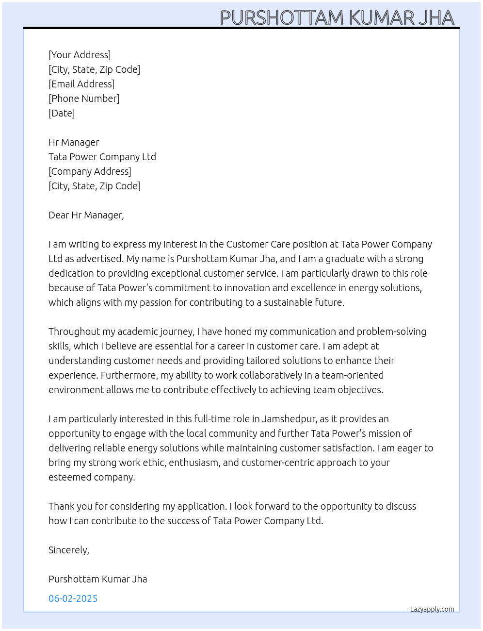 Customer care  At Tata power company ltd Cover Letter
