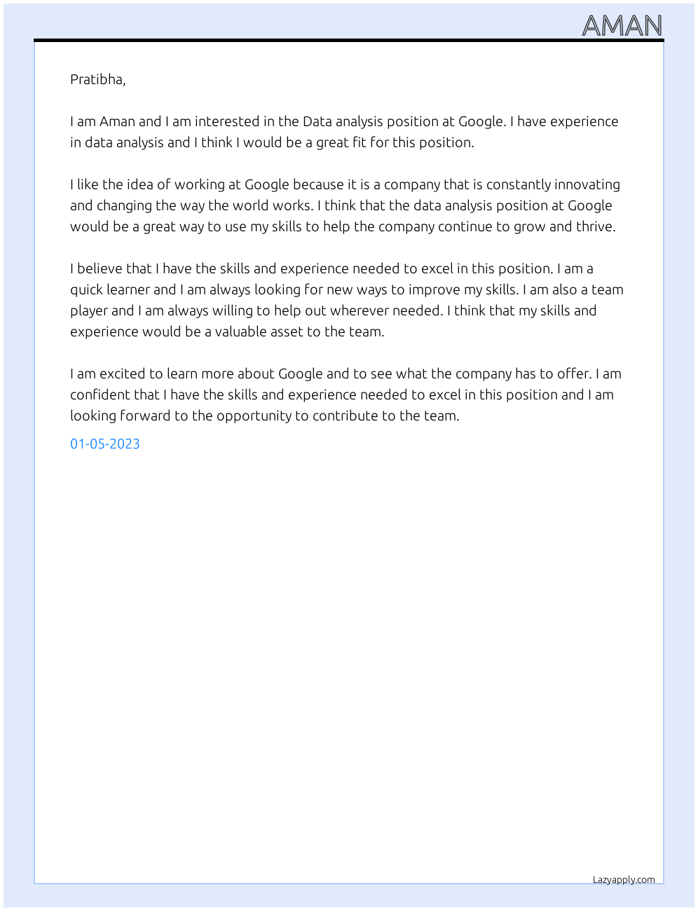 Data analysis  At Google  Cover Letter