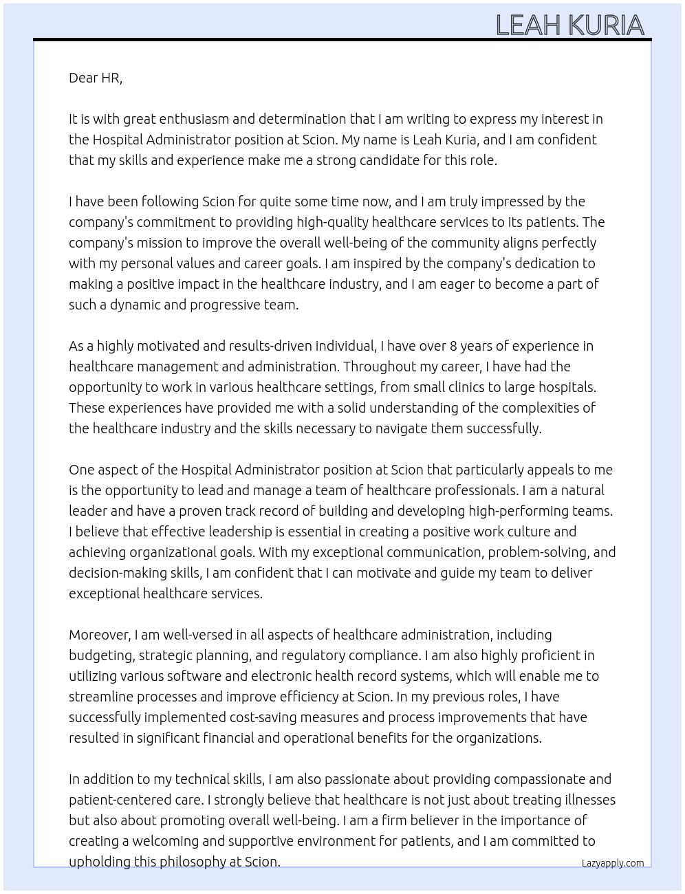 Hospital administrator  At Scion  Cover Letter