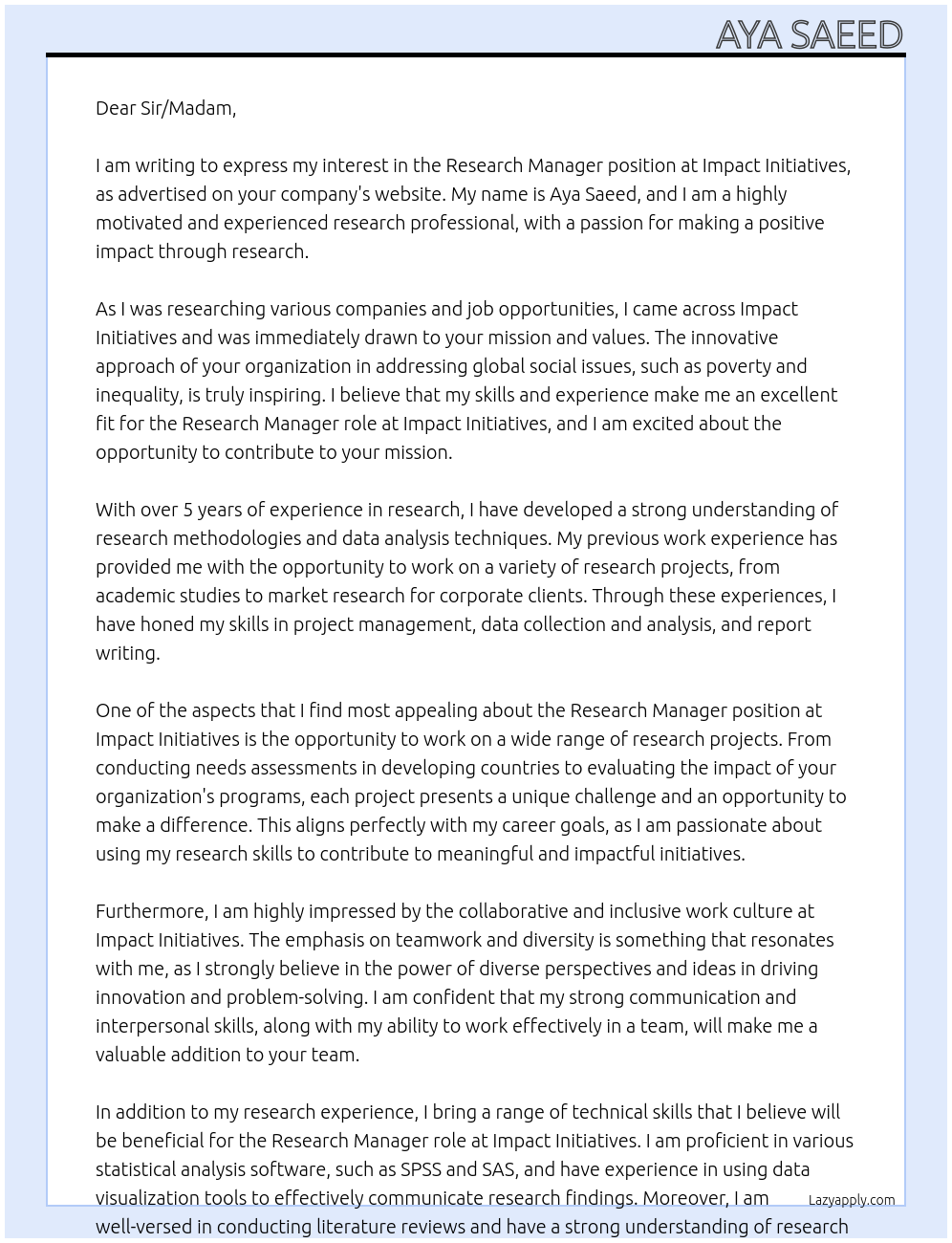 Research Manager At Impact Initatives  Cover Letter