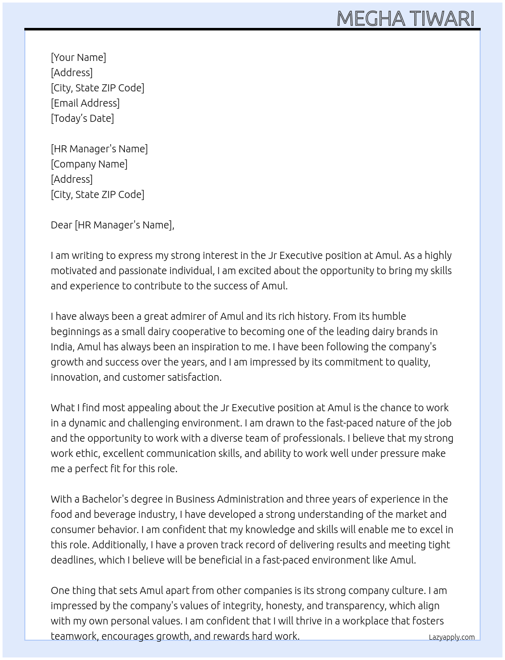 Jr executive  At Amul Cover Letter