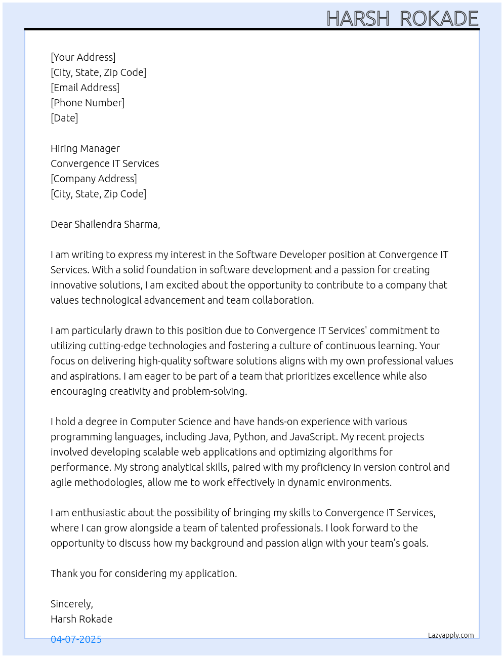 software devloper  At Convergence IT Services Cover Letter