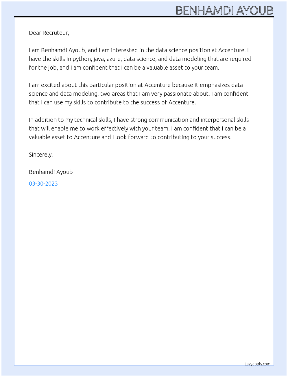Data science At Accenture Cover Letter