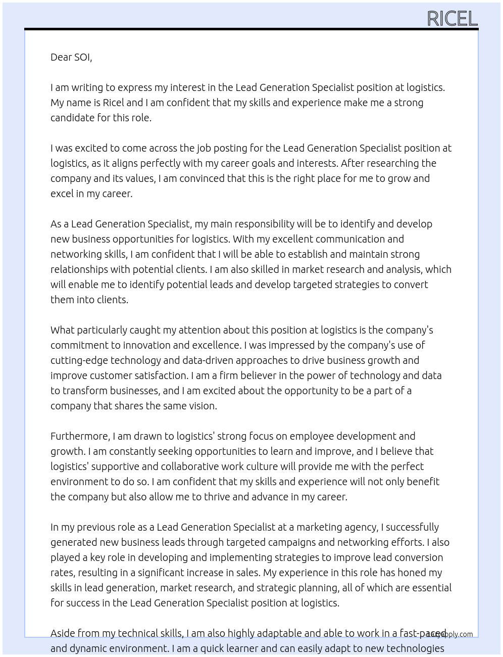 Lead Generation Specialist At logistics Cover Letter