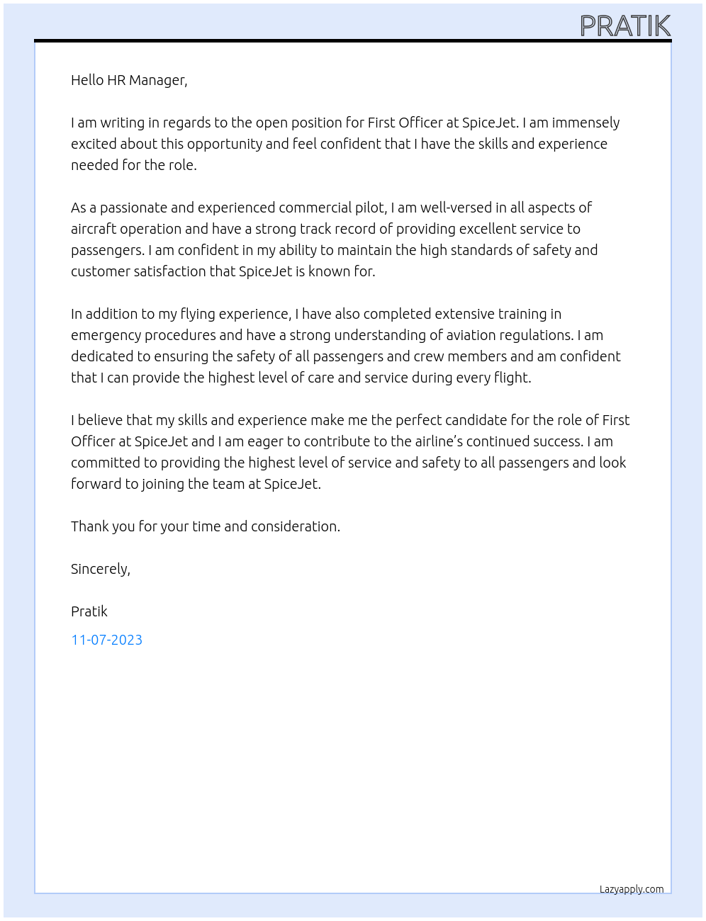 First Officer At SpiceJet Cover Letter