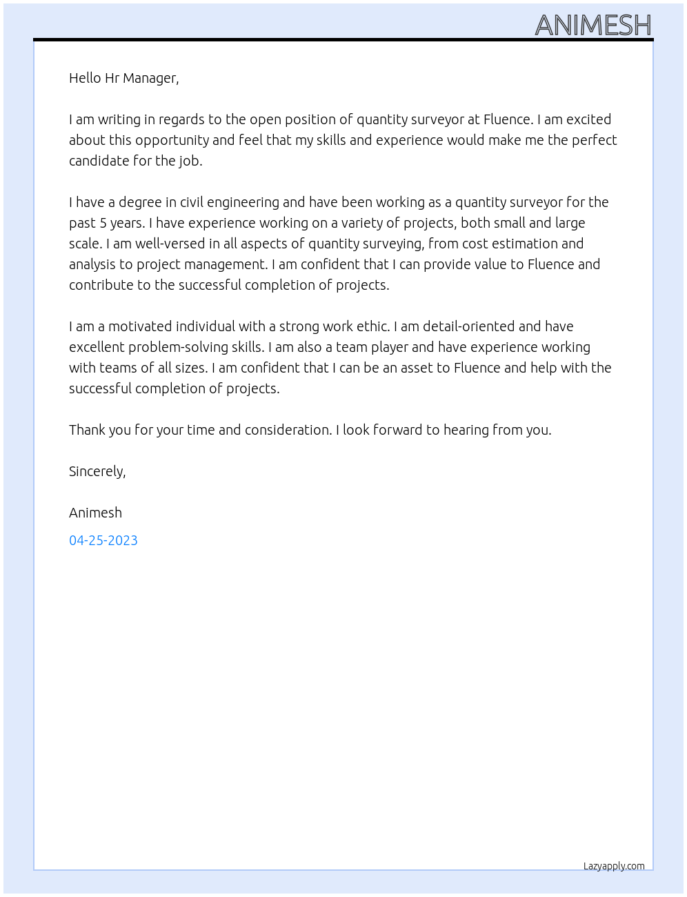 Quantity surveyor At Fluence Cover Letter