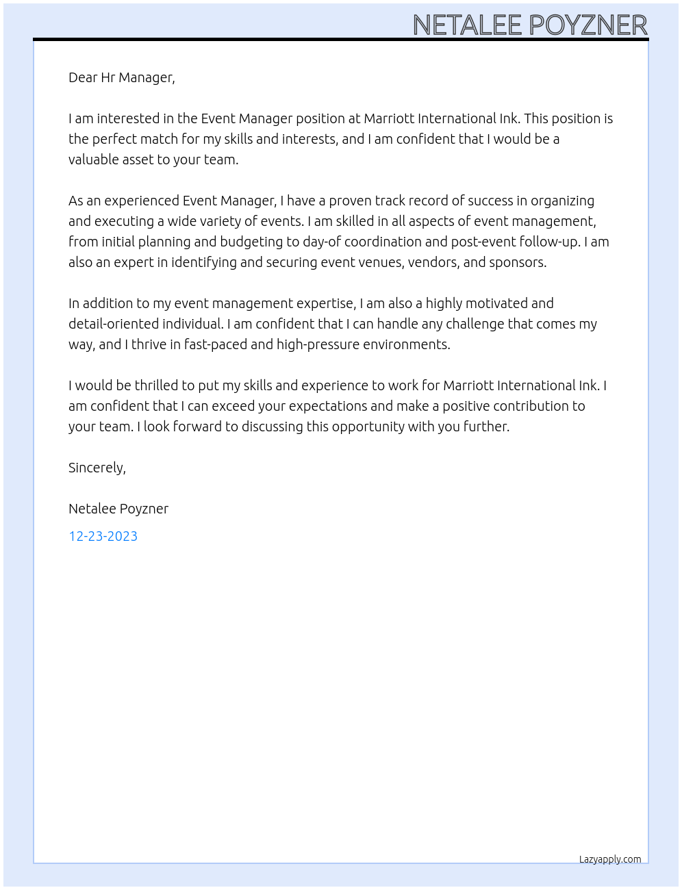 Event Manager At Marriott International Ink Cover Letter