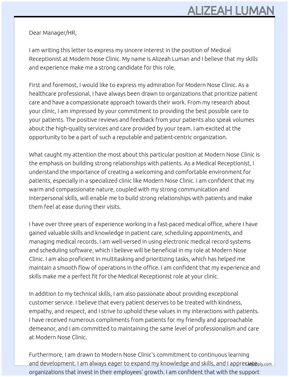 Medical Receptionist At Modern Nose Clinic Cover Letter