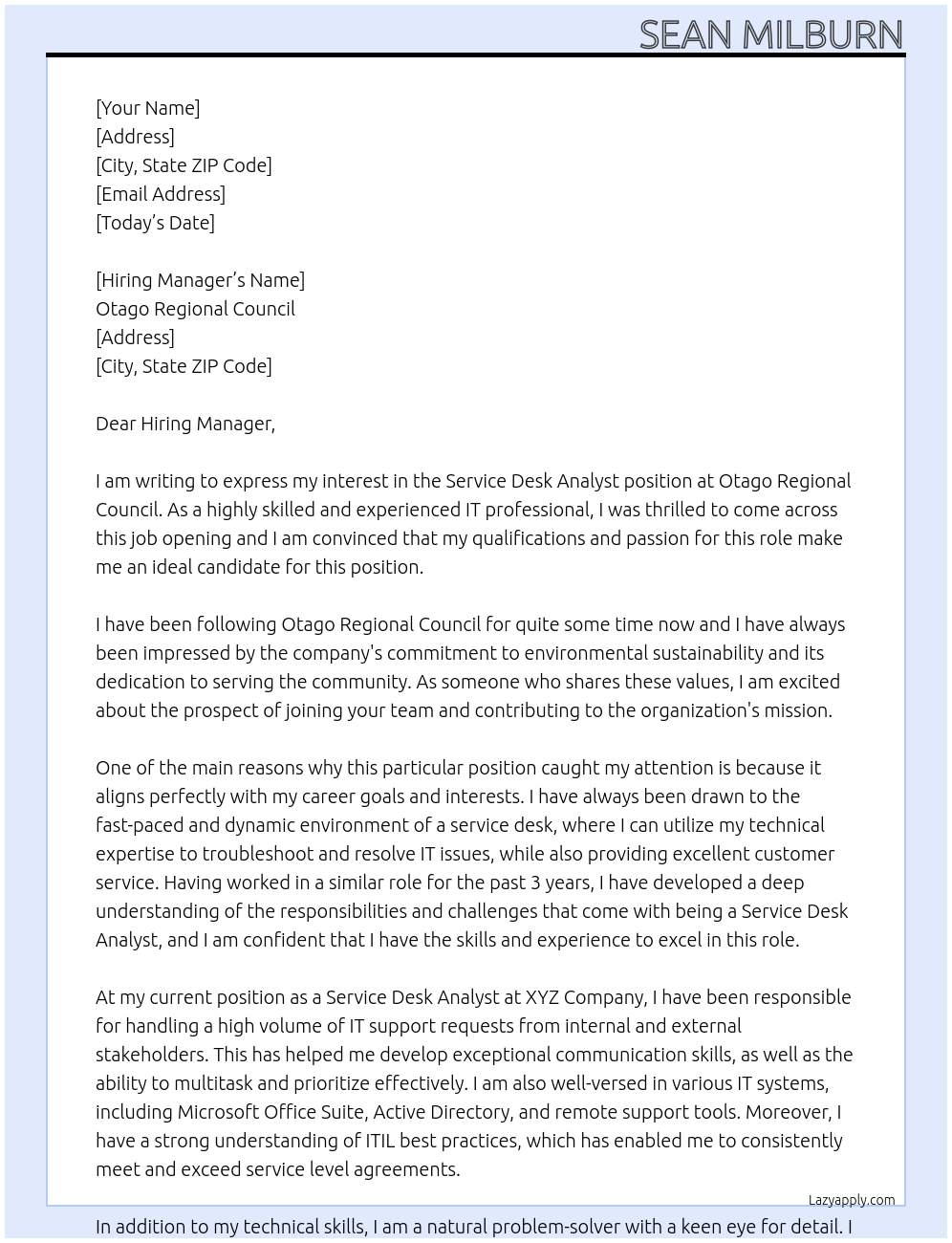 Service Desk Analyst At Otago Regional Council Cover Letter