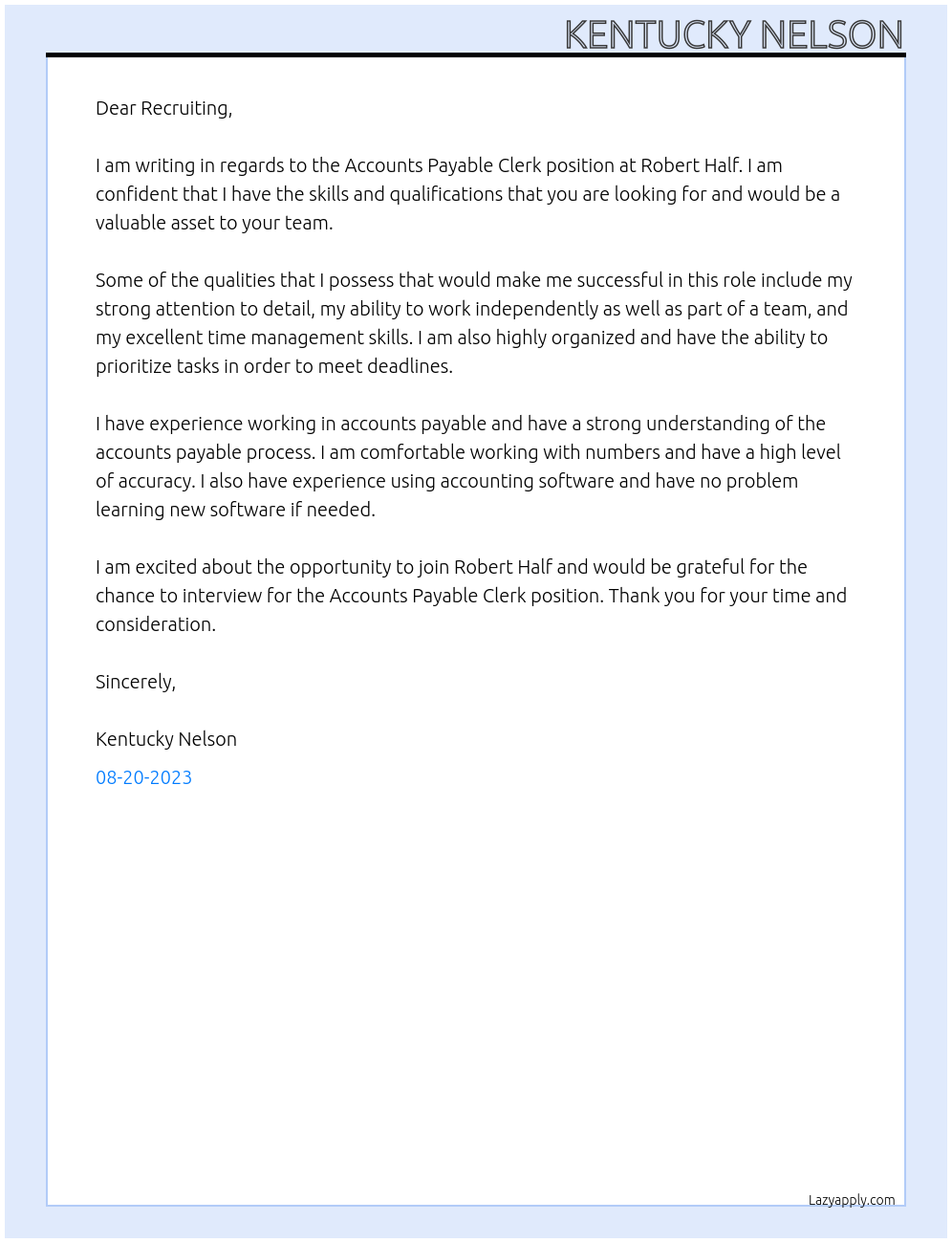 Accounts Payable Clerk At Robert Half Cover Letter