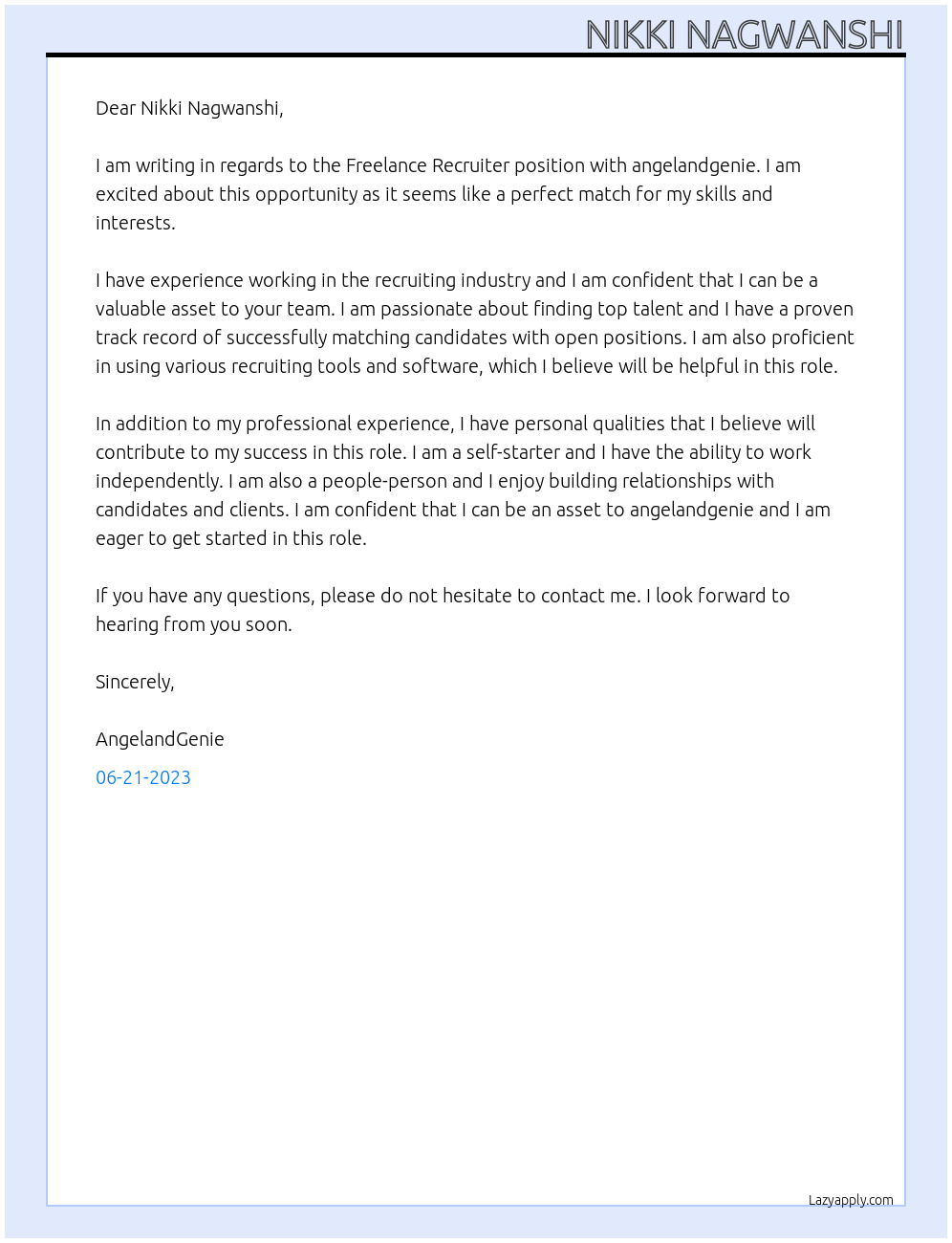 Freelance Recruiter At angelandgenie Cover Letter