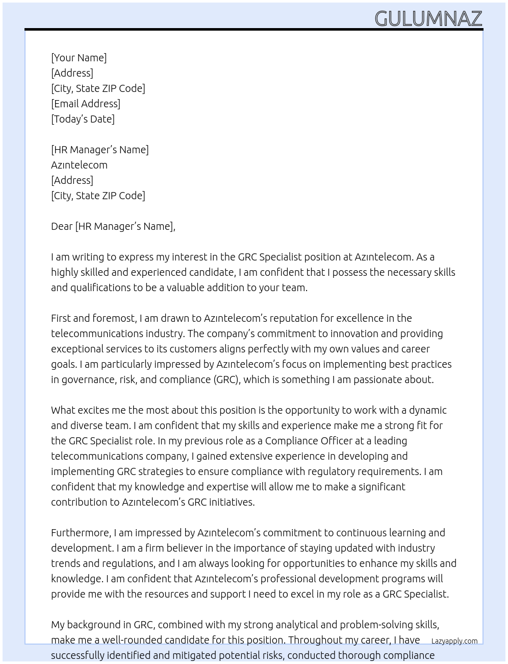 grc specıalıst At Azıntelecom Cover Letter