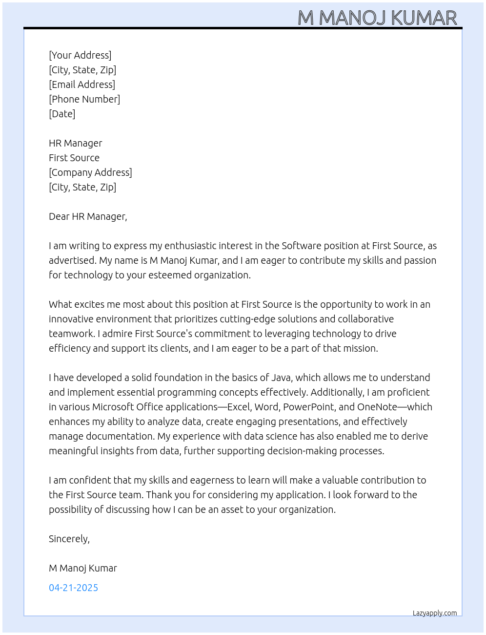 Software At First Source Cover Letter