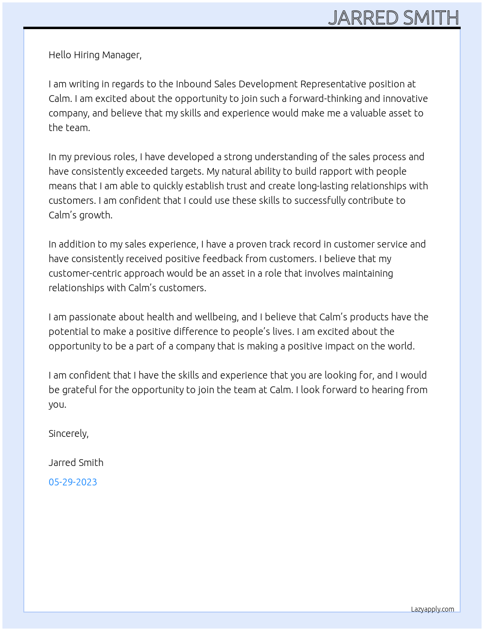 Inbound Sales Development Representative At Calm Cover Letter
