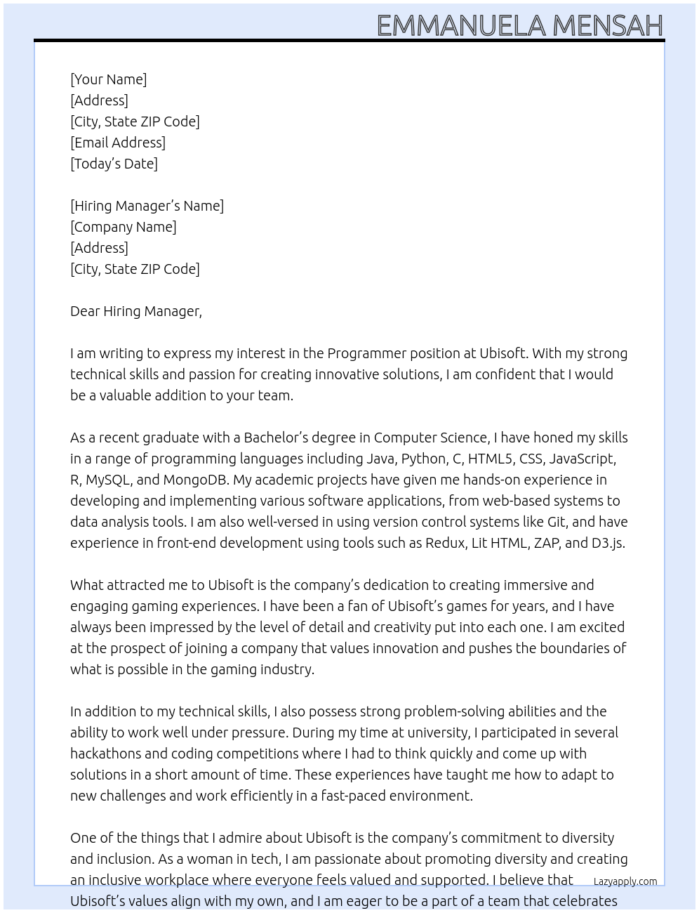 Programmer At Ubisoft Cover Letter