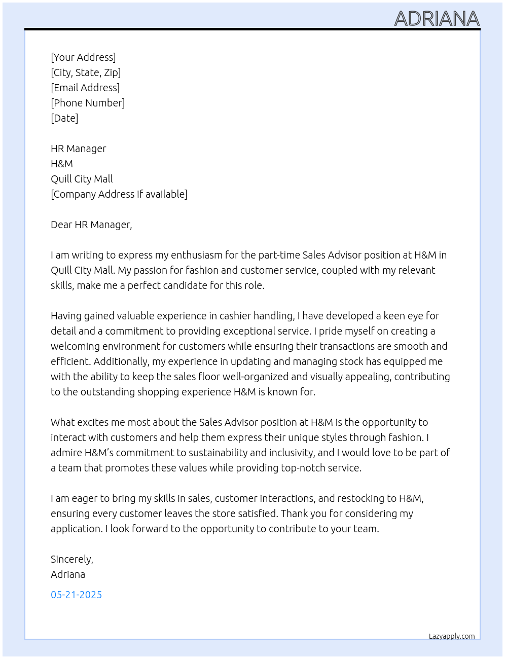 sales advisor At H&M Cover Letter