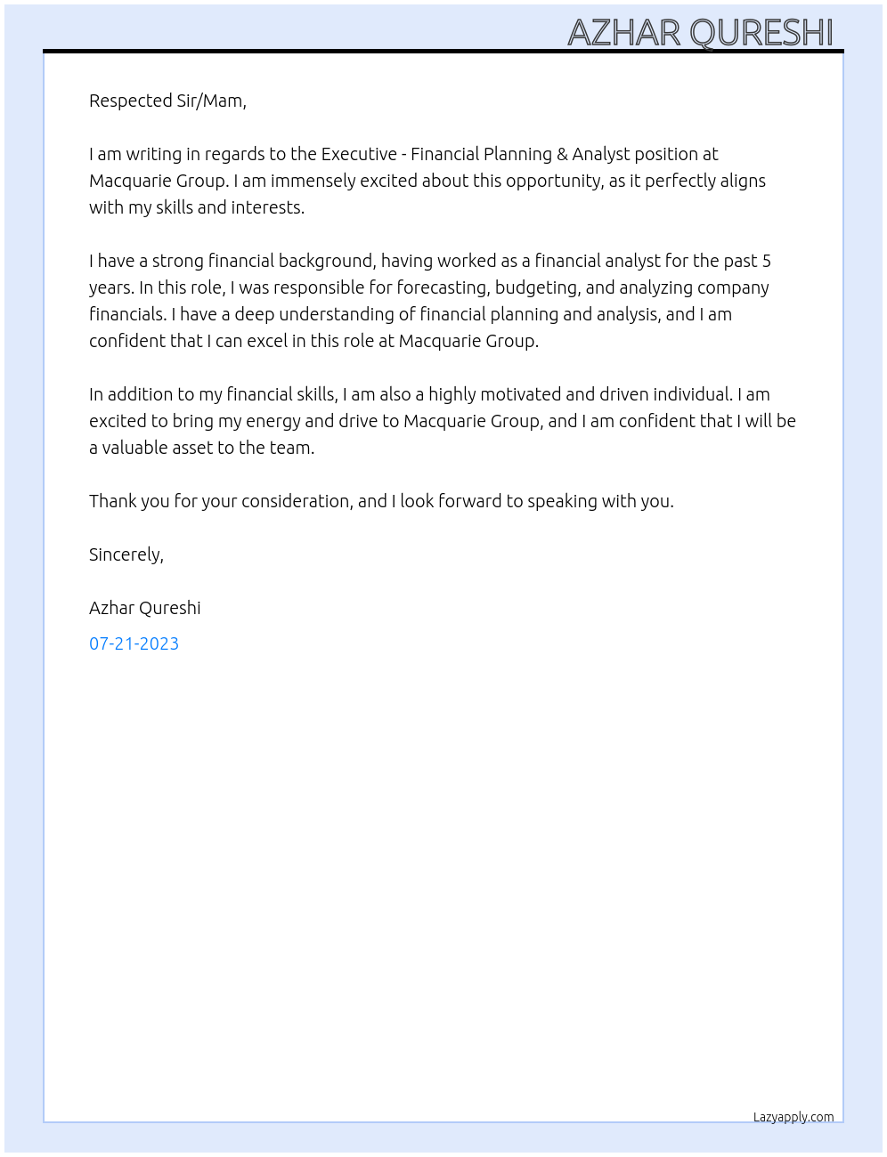 Executive - Financial Planning & Analyst At Macquarie Group Cover Letter