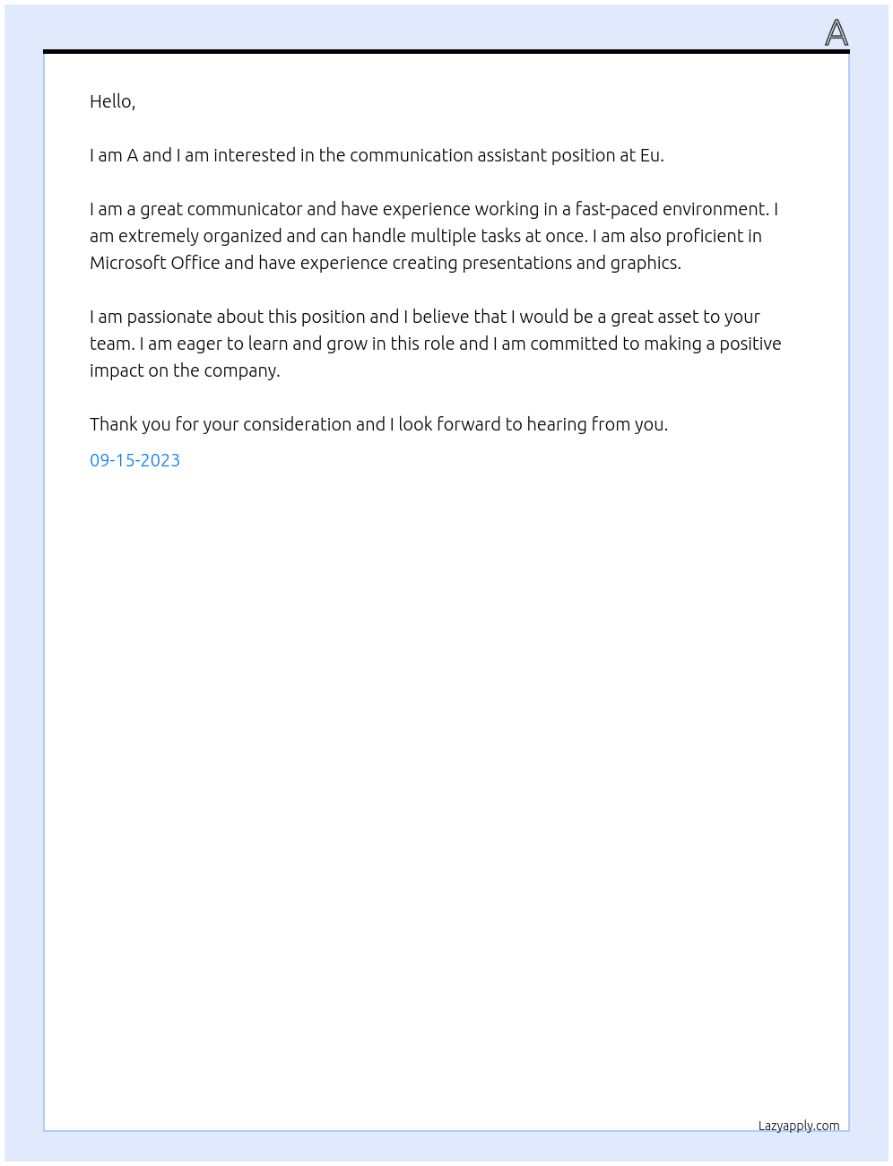 Communication assistant  At Eu Cover Letter