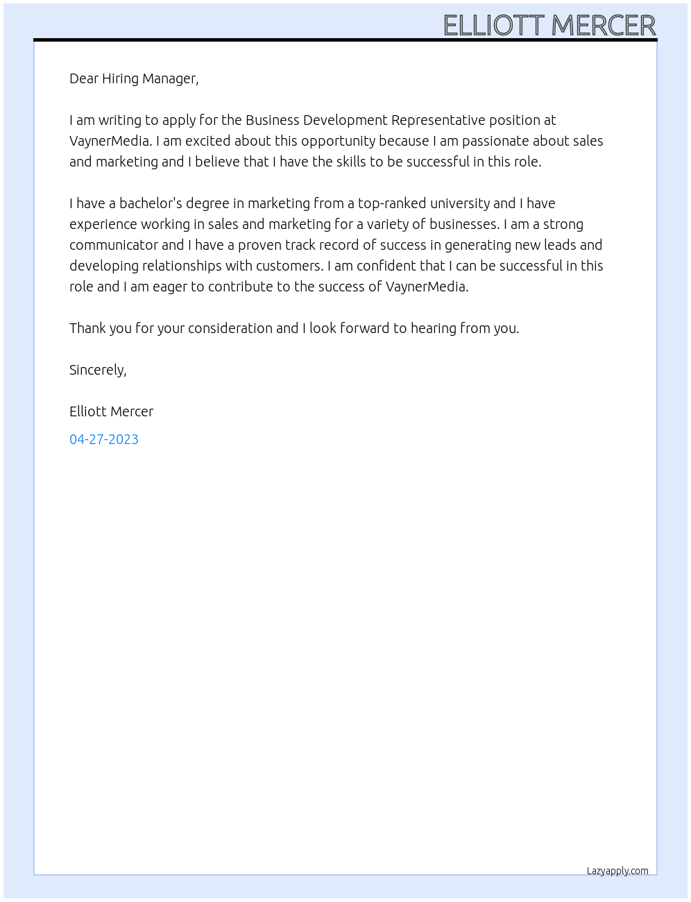 Business Development Representative At VaynerMedia Cover Letter