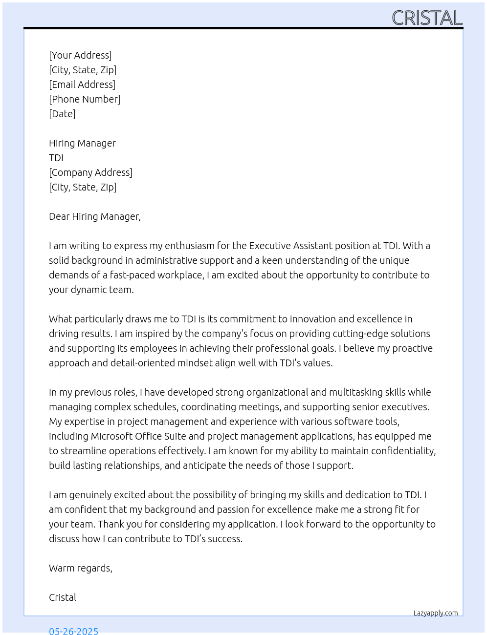 Executive Assistant At TDI Cover Letter