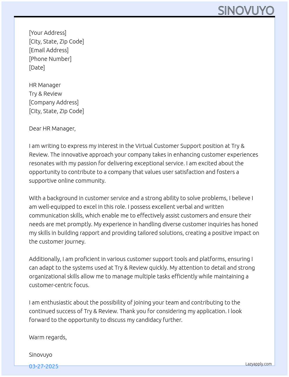 Virtual Customer Support At Try & Review Cover Letter