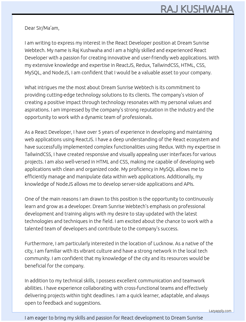 React Developer At Dream Sunrise Webtech Cover Letter