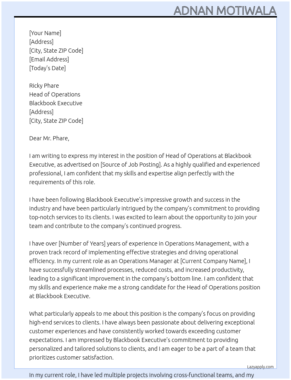 Cover letter for head of operations - LazyApply