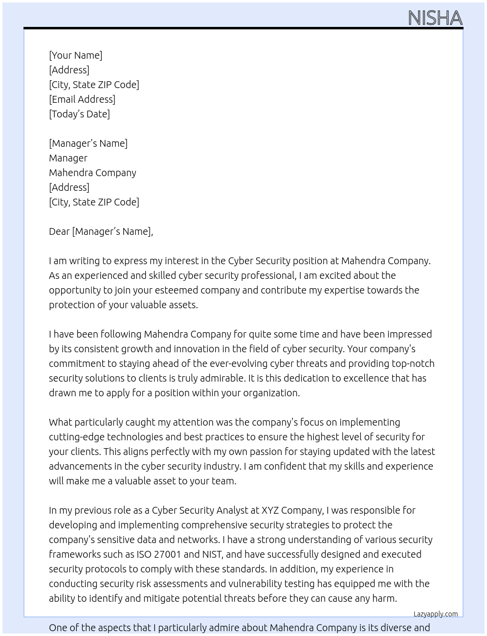 Cyber security At Mahendra company Cover Letter