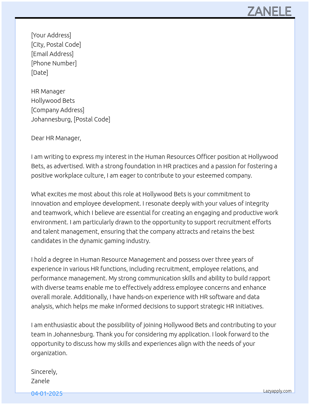 Human Resources Officer At Hollywood bets Cover Letter