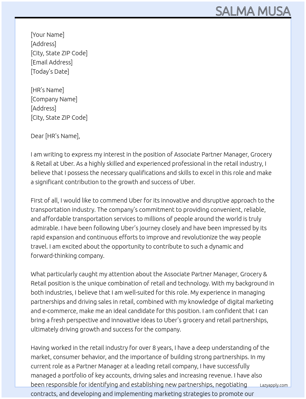 Associate Partner Manager, Grocery & Retail At Uber  Cover Letter