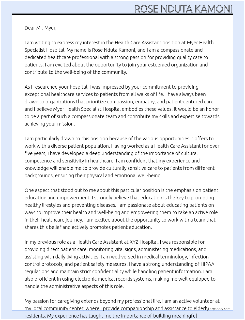 Health care assistant  At Myer health specialist hospital  Cover Letter